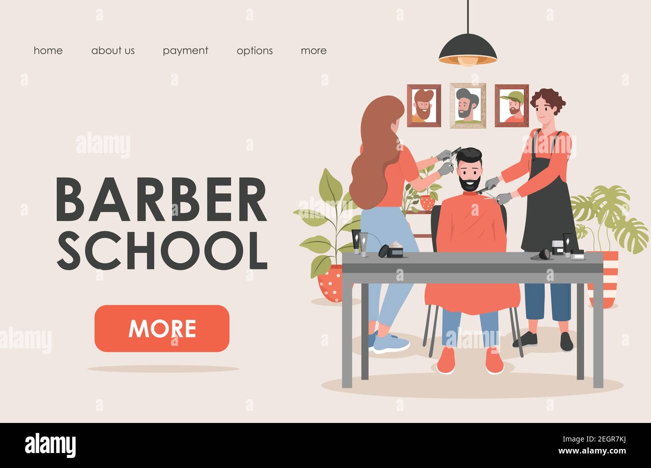 Barber scuola vettore piano di pagina di destinazione modello con spazio di testo. Giovane uomo e donna che taglia capelli e barba di un bell'uomo in barbiere. Progettazione di siti web di corsi di parrucchiere. Illustrazione Vettoriale