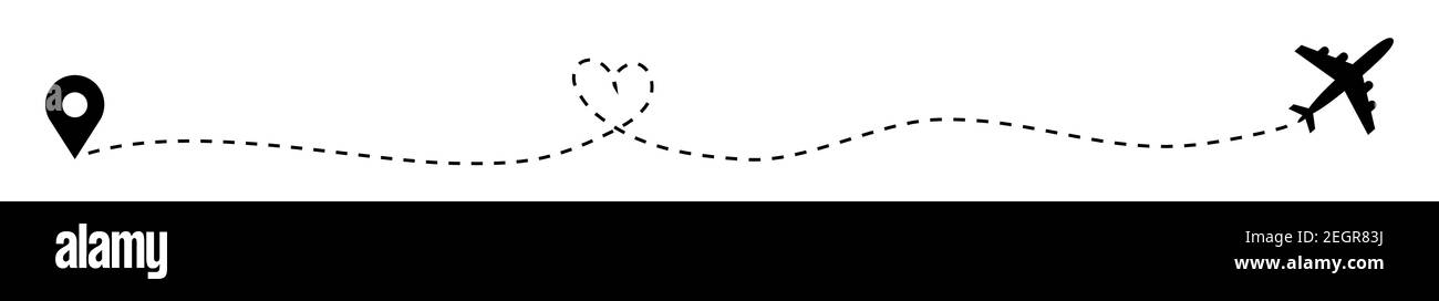 Percorso aereo cuore. Icona piano e traccia su sfondo bianco. Illustrazione vettoriale. Illustrazione Vettoriale