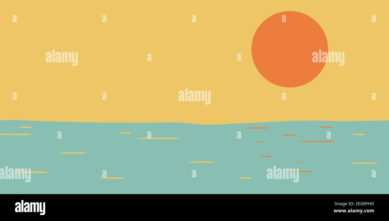 Seaside Sunset stile minimalista vettore di colore piatto. Estate oceano alba illustrazione di sole alba, acqua di mare. Rilassante vacanza tropicale nostalgica indietro Illustrazione Vettoriale