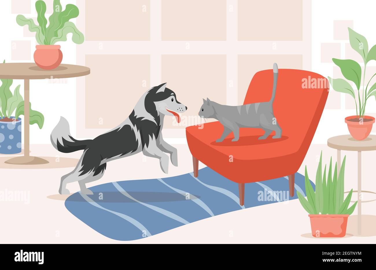 Gatto e cane in salotto vettore immagine piatta. Animali domestici che trascorrono il tempo insieme all'interno della casa del proprietario dell'animale domestico. Gatto in poltrona rossa e felice incontro con il cane, per conoscersi. Illustrazione Vettoriale