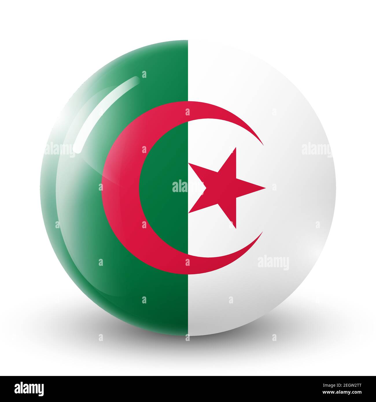 Palla di vetro con bandiera di Algeria. Sfera rotonda, icona modello. Simbolo nazionale algerino. Sfera realistica lucida, illustrazione vettoriale astratta 3D Illustrazione Vettoriale