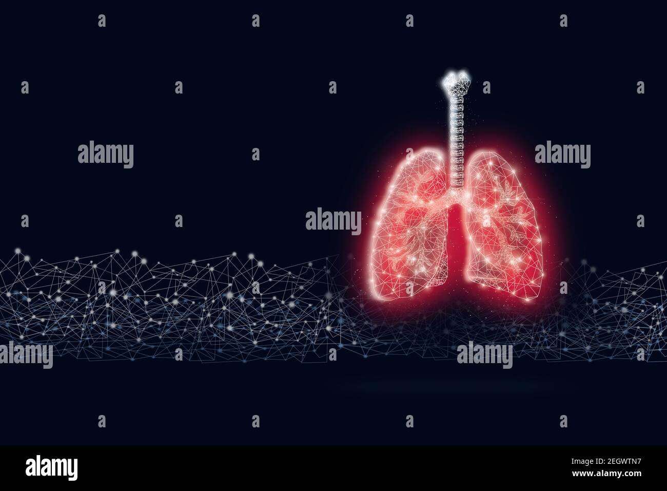 Polmoni poly-umani rossi bassi con linea digitale su sfondo blu scuro. Organo anatomico astratto. Foto Stock