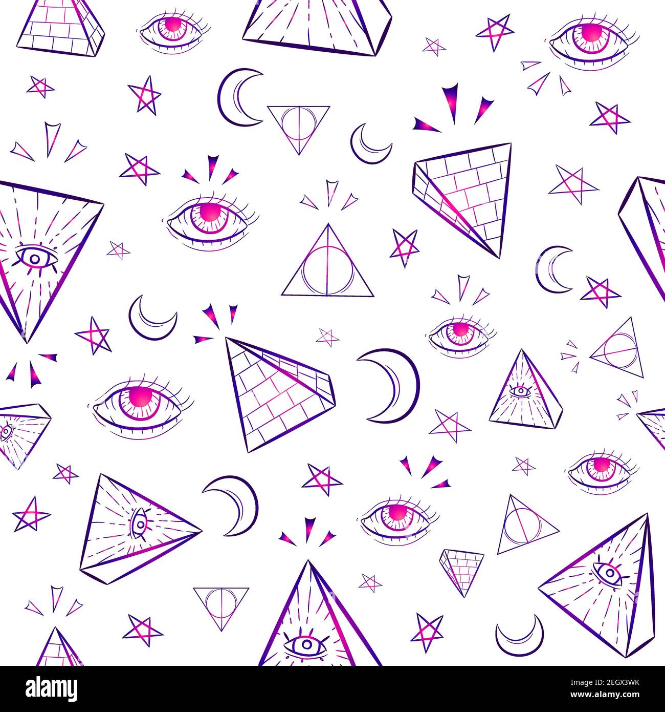 Pattern senza giunture di gradiente con simboli occulti illuminati. Ripetitivo occulto e cospirazione sfondo con triangoli, occhi, luna e stelle. Illustrazione Vettoriale
