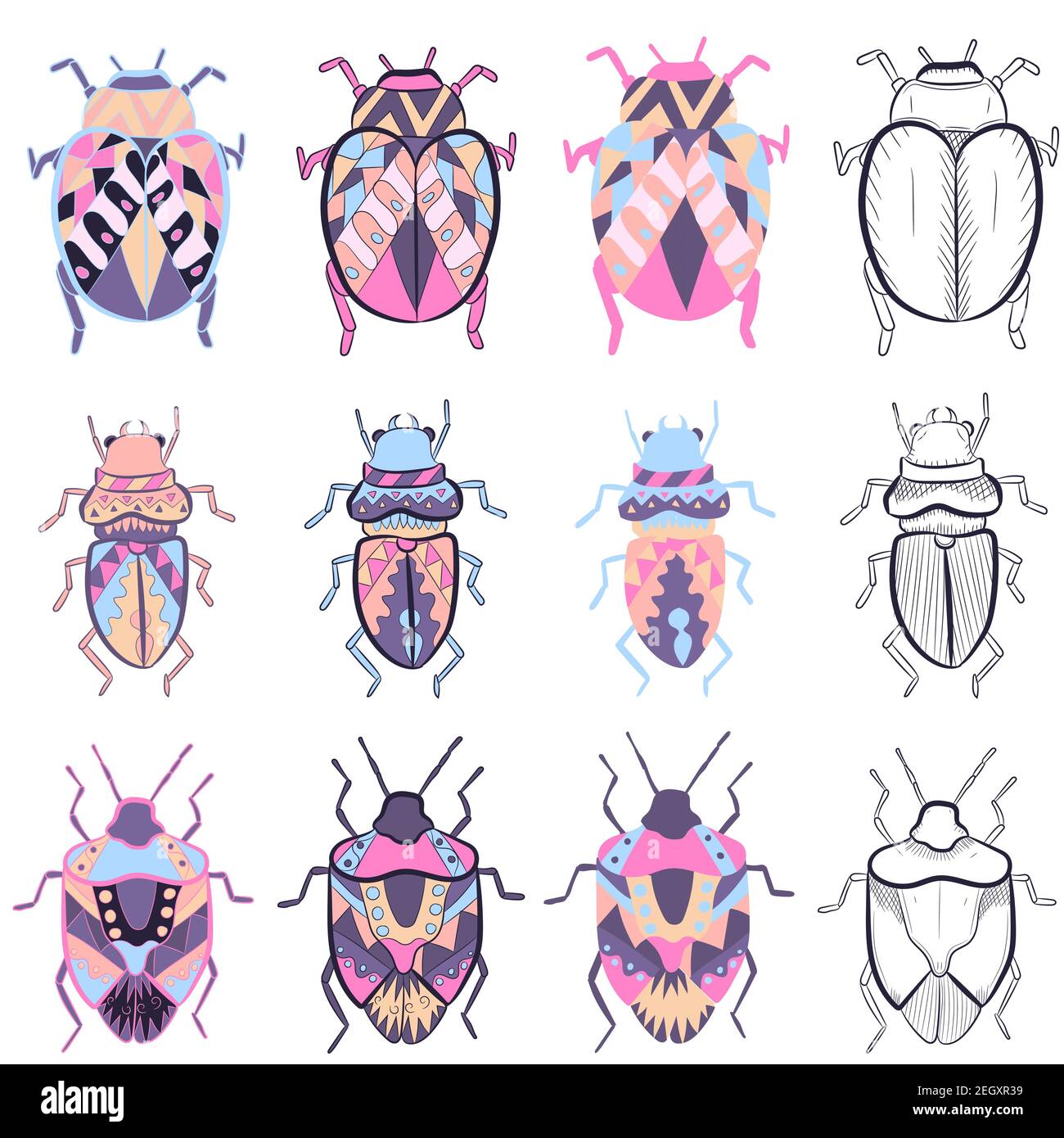 Piccoli elementi pack con diversi disegni di bug colorati. Collezione vettoriale con schizzi e illustrazioni piatte di insetti. Illustrazione Vettoriale