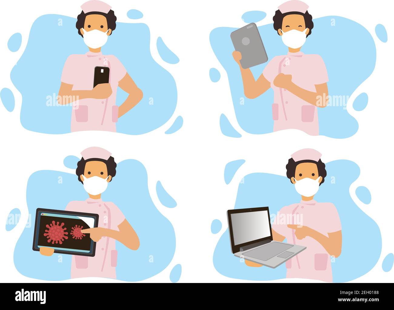Set di quattro infermiere donne che indossano una maschera chirurgica con azione diversa. Illustrazione vettoriale Illustrazione Vettoriale