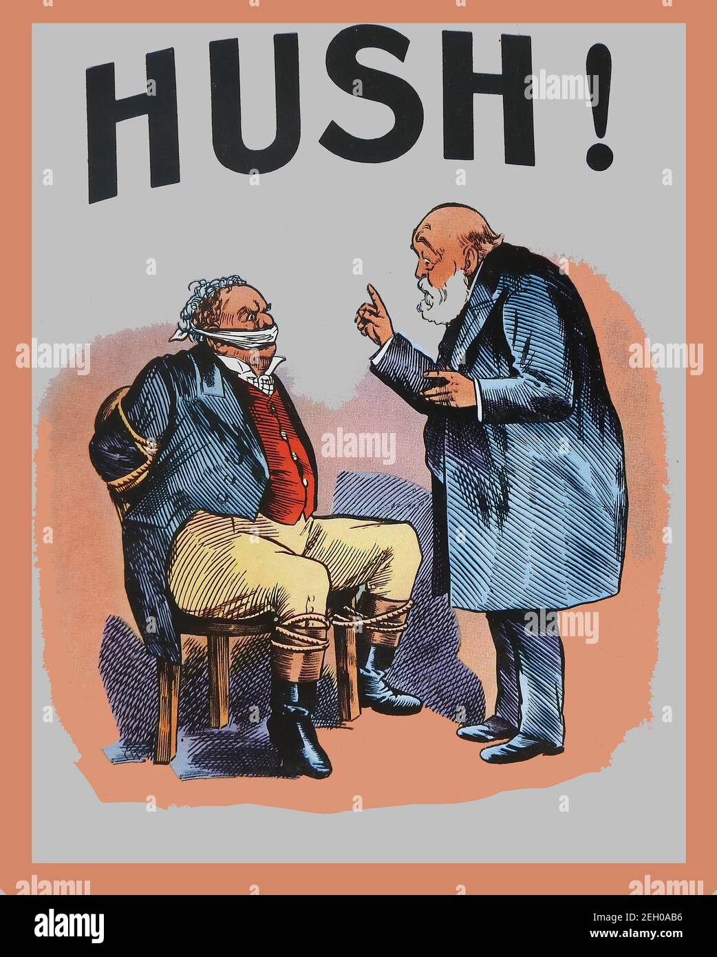 Un cartoon politico a 1900 colori con Lord Salisbury che tiene John Bull come ostaggio (John Bull è una personificazione del Regno Unito / Gran Bretagna) , dicendogli di mantenere il silenzio fino alla fine delle elezioni (in riferimento ai suoi affari esteri). Robert Gascoyne-Cecil, III Marchese di Salisbury (1830–1903), fu il leader del partito conservatore britannico e primo Ministro del Regno Unito. Tra gli altri suoi uffici parlamentari vi erano Lord Keeper del Sigillo privato, leader dell'opposizione, Segretario di Stato per gli Affari Esteri e Segretario di Stato per l'India. Foto Stock