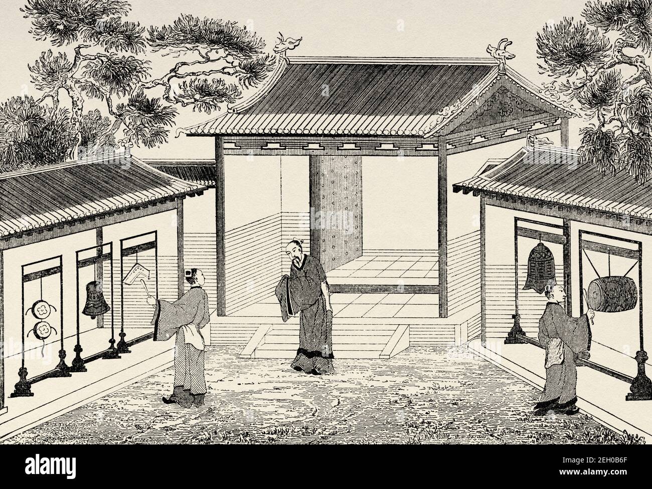 Accusando Shelf e tamburo di consigli per l'imperatore Yao, antica storia della Cina. Antica illustrazione del 19 ° secolo inciso da El Mundo Ilustrado 1879 Foto Stock