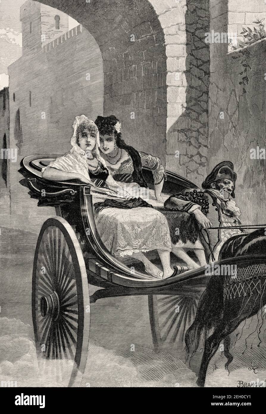 Diciannovesimo secolo donne spagnole vestite in tipico abito da fiera che viaggiano in una carrozza trainata da cavalli aperta per andare a una corrida a Siviglia, Andalusia. Spagna, Europa. Antica illustrazione del 19 ° secolo inciso da El Mundo Ilustrado 1879 Foto Stock