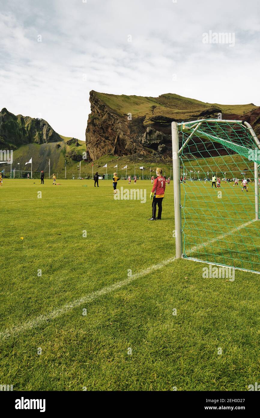 2018 Girls torneo di calcio Pæjumót giugno si svolge ogni anno in Heimaey Vestmannaeyjar / Isole Westman Islanda - Islanda football / torneo di calcio Foto Stock