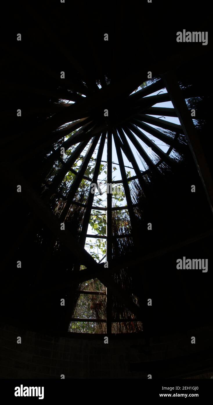 Guardando verso l'alto attraverso il tetto di legno di un vecchio edificio circolare che ha perso la sua paglia. Foto Stock