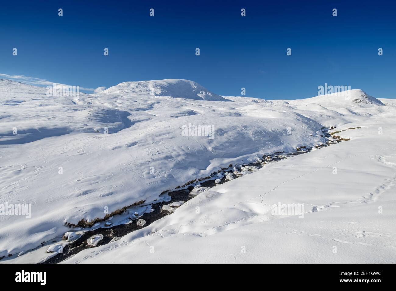 Il Tail Burn in inverno, il flusso proveniente dal remoto Loch Skeen che cade nella cascata Grey Mares Tail più a valle Foto Stock