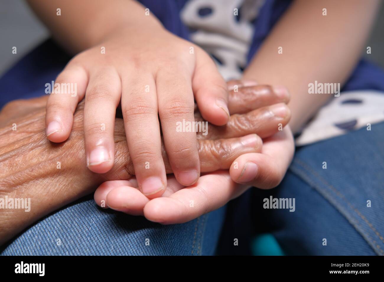 dettaglio di un bambino che tiene la mano di un anziano donne Foto Stock