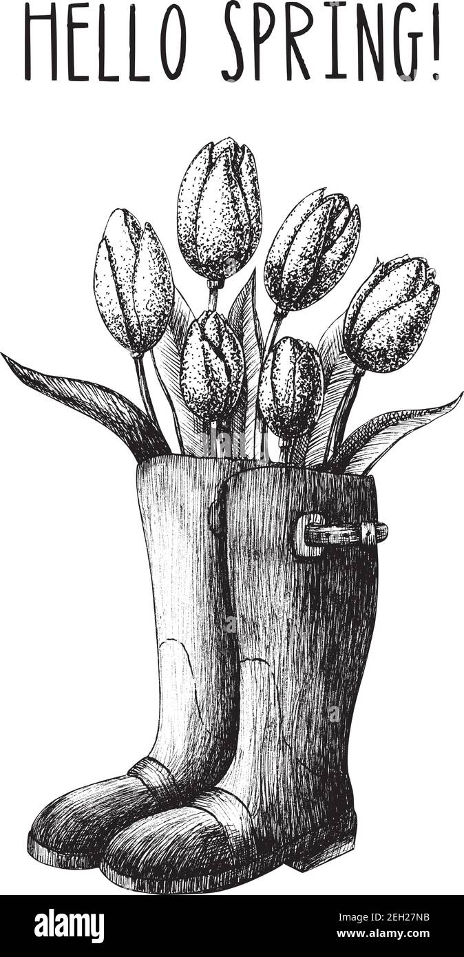 Moda mano disegnata molla carino inchiostro nero vettore illustrazione giardino. Bouquet di tulipani in stivali di gomma. Ciao cartolina primavera, biglietto d'auguri Illustrazione Vettoriale