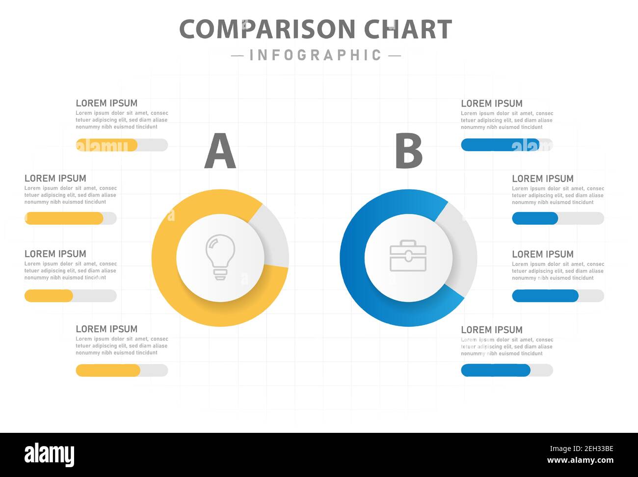 Modello infografico per le aziende. 2 diagramma di confronto laterale con cerchio, infografica vettoriale di presentazione. Illustrazione Vettoriale