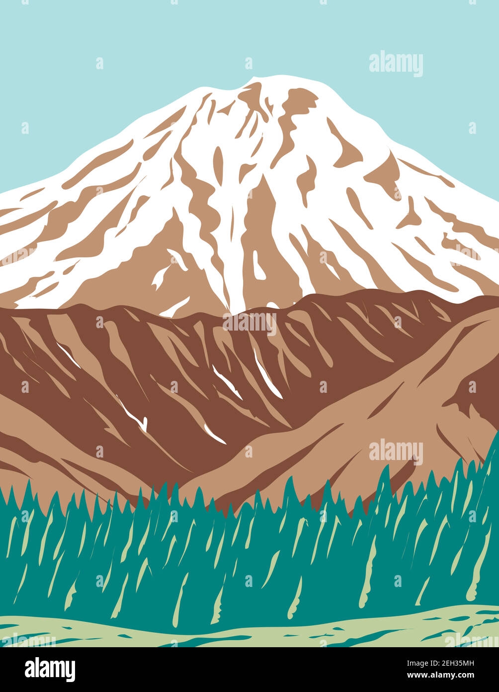 WPA poster art del Vulcano Redoubt o Mount Redoubt, uno stratovulcano attivo nella gamma aleutica in gran parte vulcanica dell'Alaska fatto in opere progetti Illustrazione Vettoriale