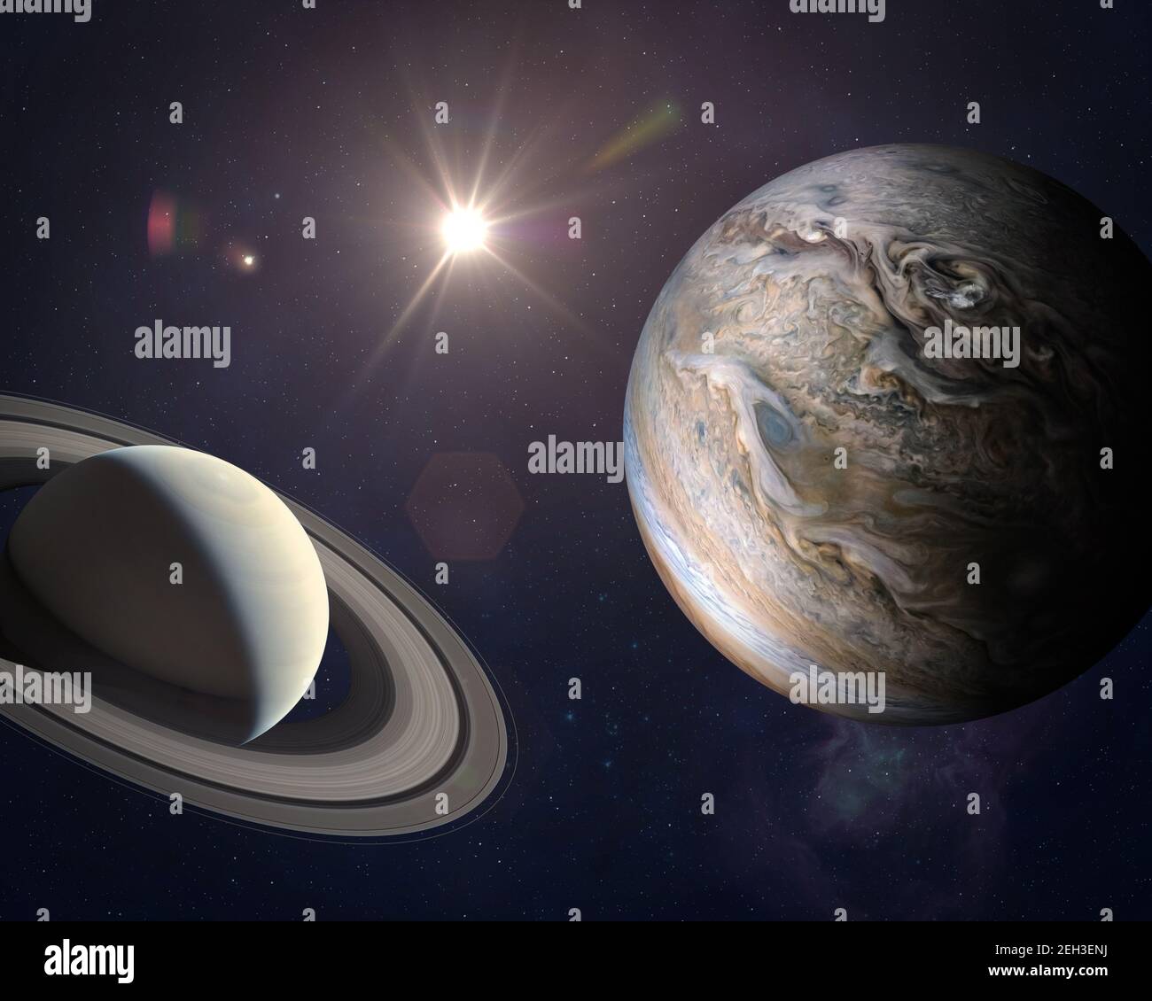 Grande congiunzione: Giove e Saturno si incontrano su Solstice. Raro congiunzione Giove-Saturno. Elementi di questa immagine forniti dalla NASA. Foto Stock