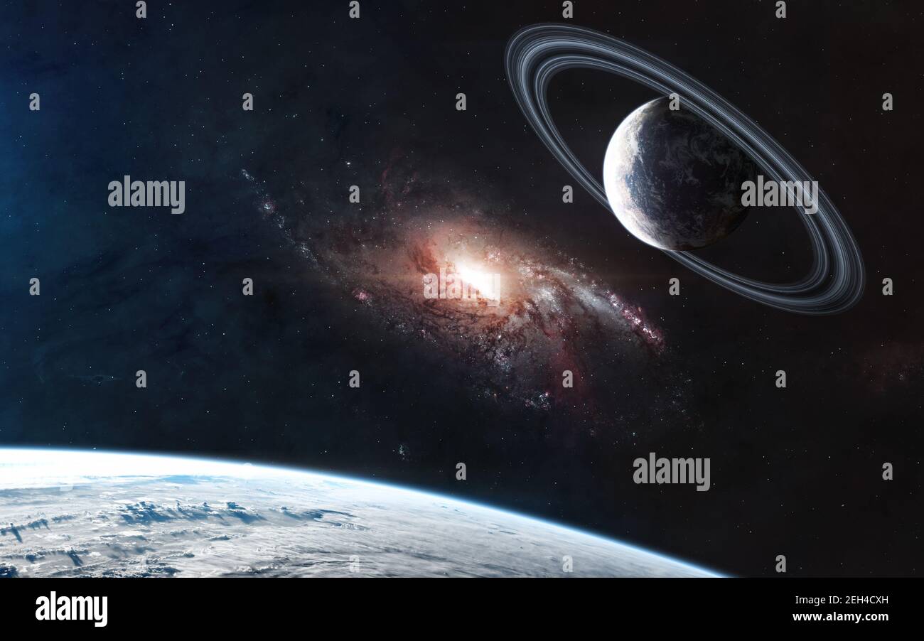 Pianeti nello spazio profondo sullo sfondo della galassia Foto Stock