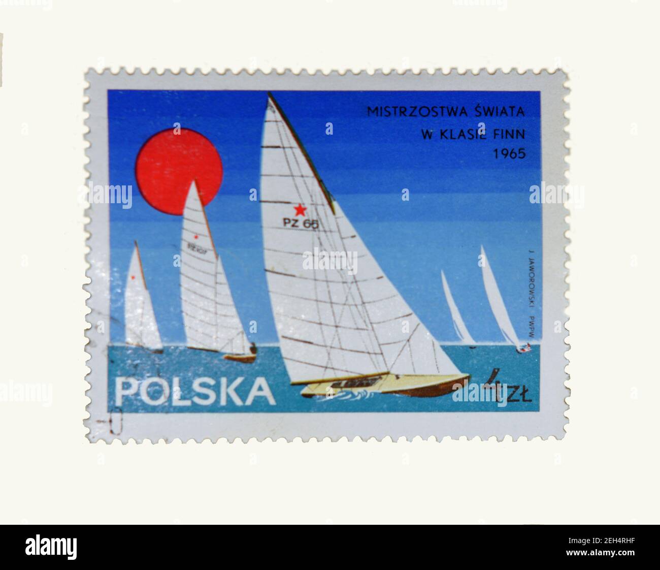 Polonia - circa 1965: Francobollo stampato in polonia mostra yacht con l'iscrizione e il nome della serie `campionati nella classe finn, 1965` Foto Stock