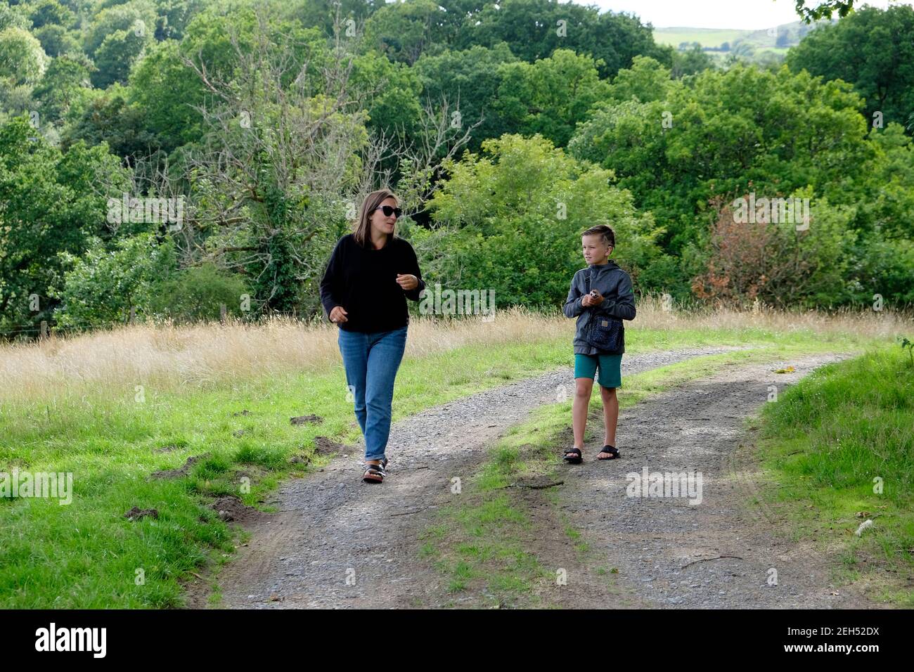 Madre e figlio parlano a piedi lungo una pista di campagna Strada percorso corsia in rurale gallese estate campagna alberi Carmarthenshire GALLES REGNO UNITO KATHY DEWITT Foto Stock