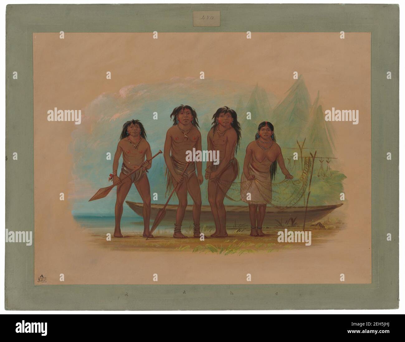 Quattro indiani Fuegian, 1856/1869. Goy-o-G e Xe9;-tenc (guerriero con pagaia), Sham-e-noo (guerriero), Gol-gee e una donna di una piccola tribù sullo stretto di Magellan. Foto Stock