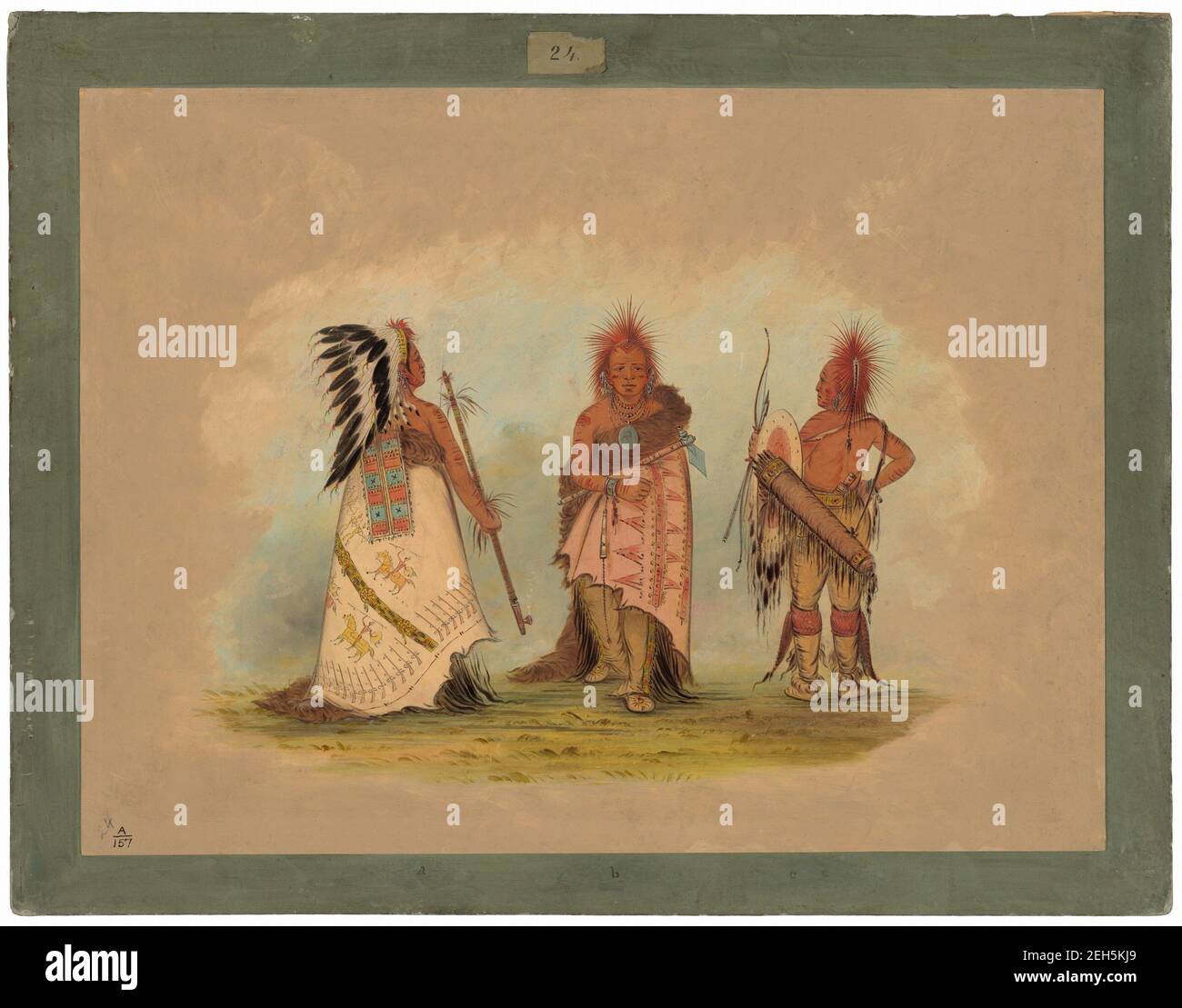 Un capo di Pawnee con due Guerrieri, 1861/1869. Lee-sh& xe1;w-loo-l& xe1;-le-h& xf3;o (capo in headdress) con L& x2019;har-re-tar-r& xfa;sche (guerriero con tomahawk) e lo-lock-to-h& xf3;o-la (in guerra) sul fiume Platte 1833 Foto Stock