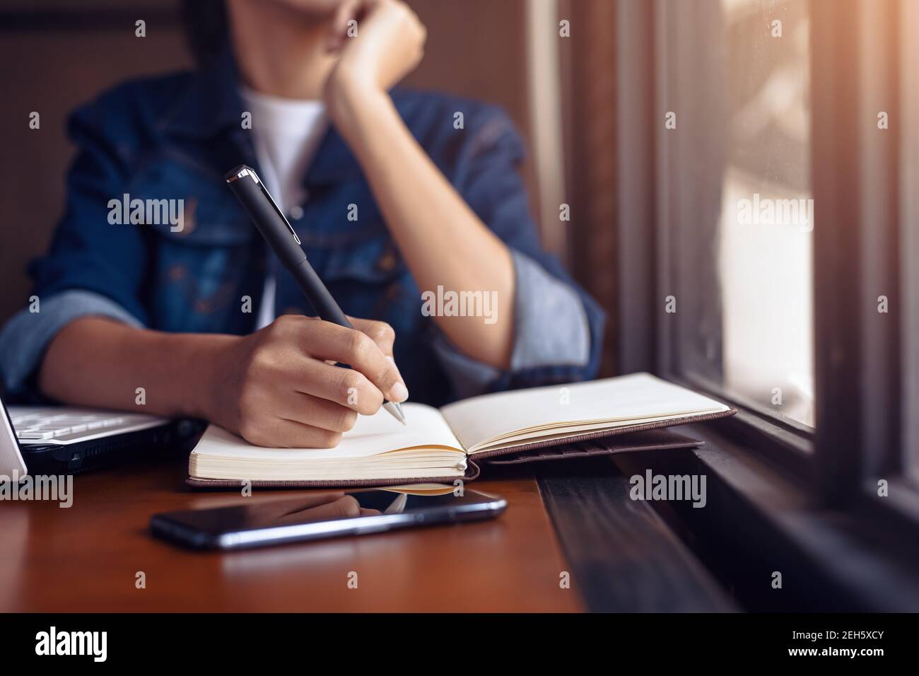 donna fa una nota nel notebook. Foto Stock
