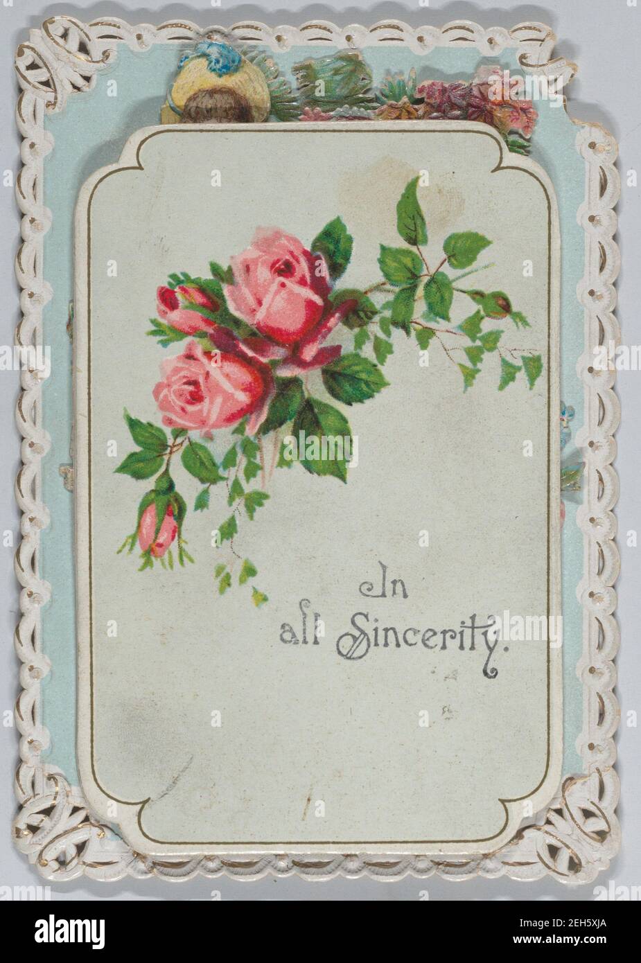 Valentine - meccanico pull down - Donna su una panca da giardino con cascata e colombe., ca. 1875. Foto Stock