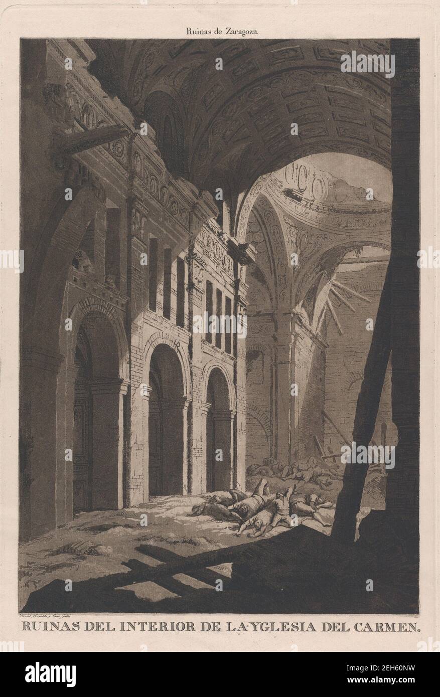Vista delle rovine dell'interno della Chiesa di Nuestra Senora del Carmen a Saragossa bombardata dall'esercito francese invasore durante la guerra napoleonica, 1808-14. Foto Stock