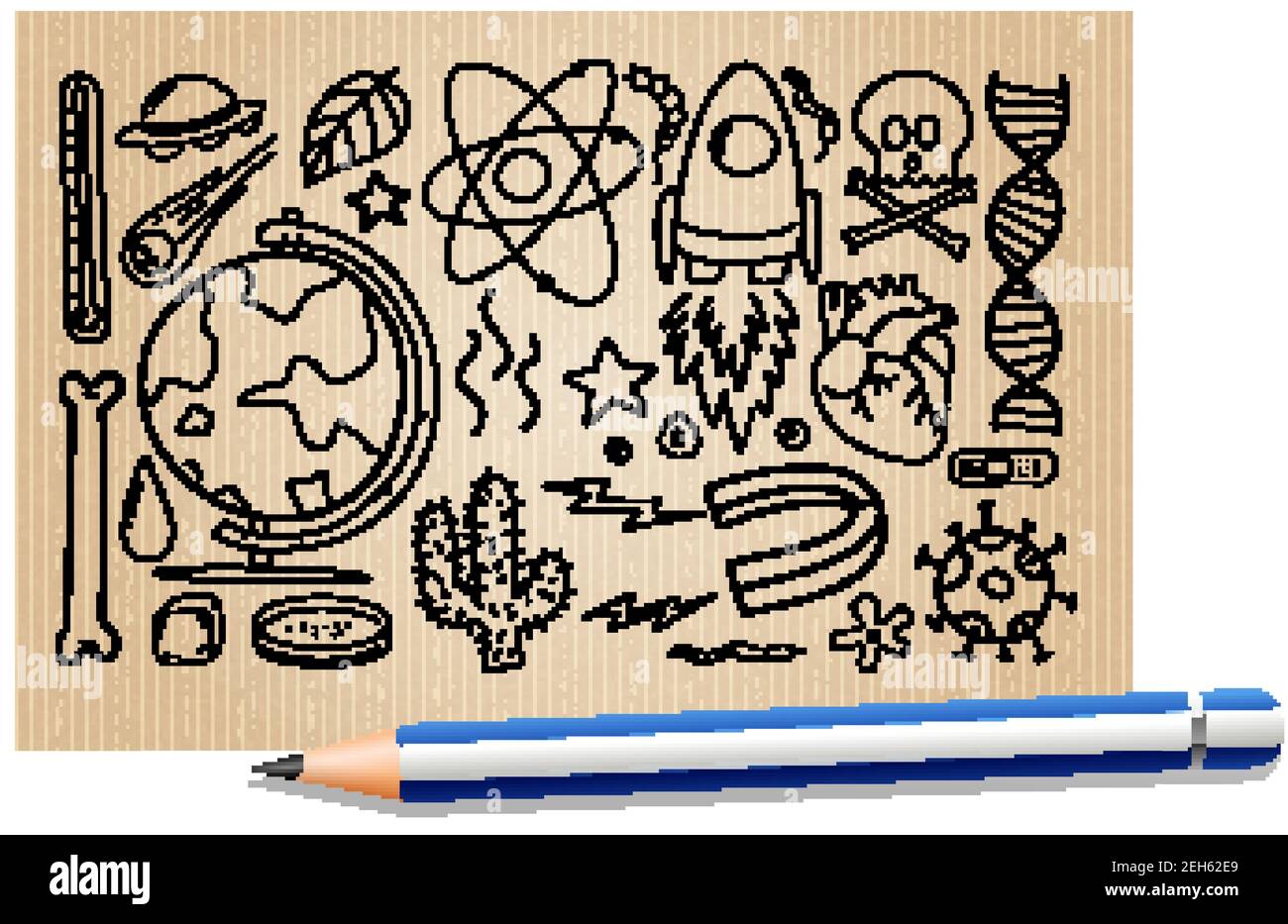 Diversi colpi di doodle sulle attrezzature scientifiche su un'illustrazione cartacea Illustrazione Vettoriale