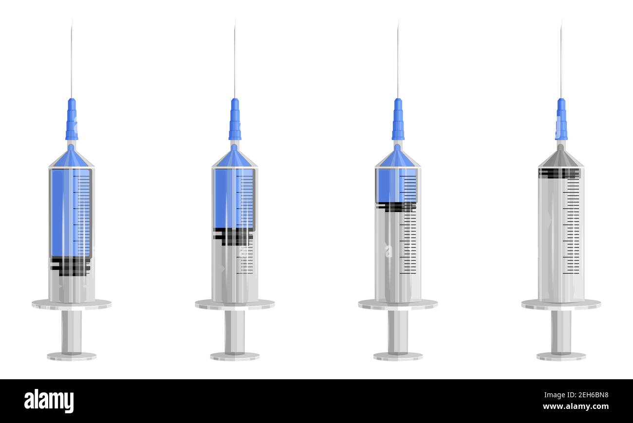 Set di 4 siringhe con diversi riempiti di vaccino. Piena, 2 diverse siringhe di mezzo pieno e vuoto. Vaccinazione contro covid-19. Illustrazione vettoriale Illustrazione Vettoriale