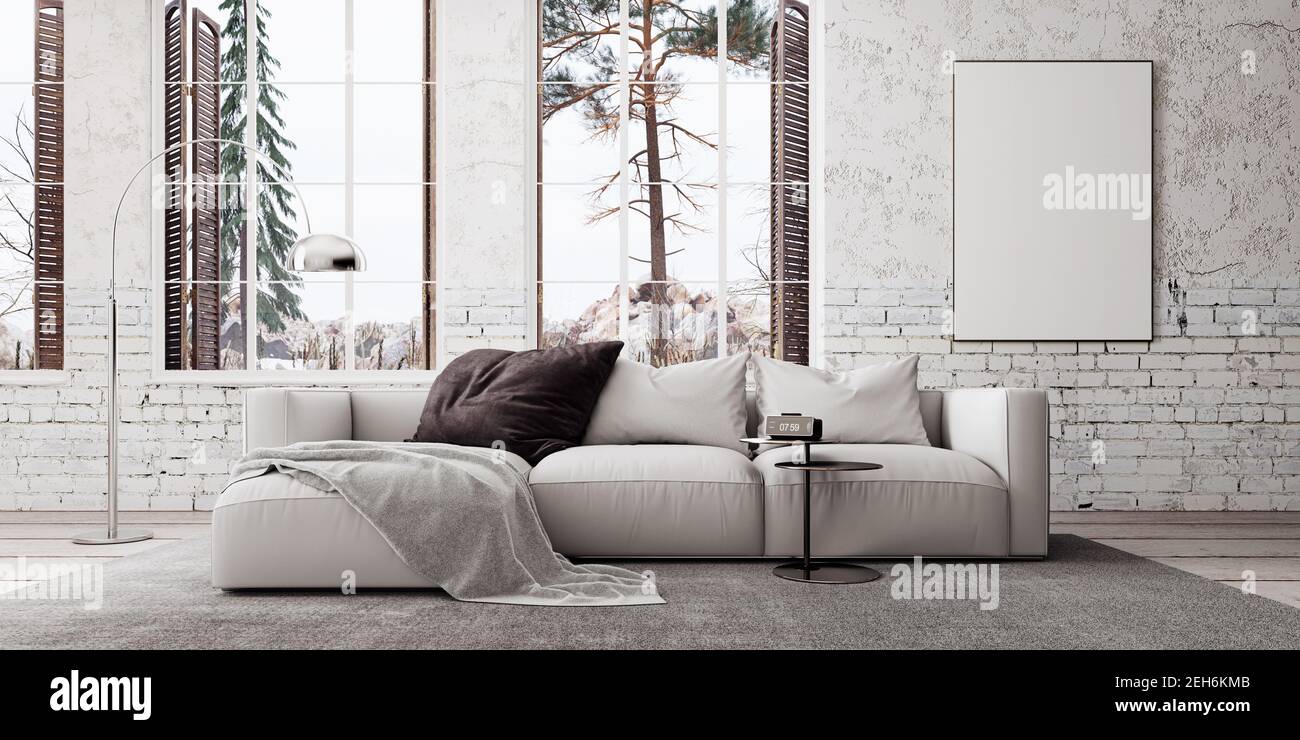 Moderno design degli interni bianco con mobili bianchi e un design vuoto Up frame 3D rendering (rendering 3D fotogramma immagine su) Foto Stock