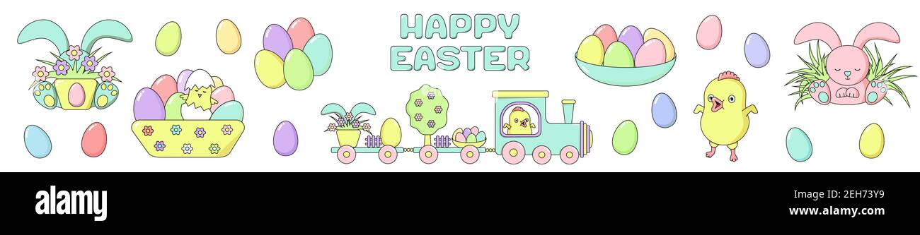 Set di elementi di disegno di Pasqua felice - uova verniciate, pollo, coniglio, treno, fiore, erba con segno. Illustrazione vettoriale del cartoon in stile piatto. Illustrazione Vettoriale