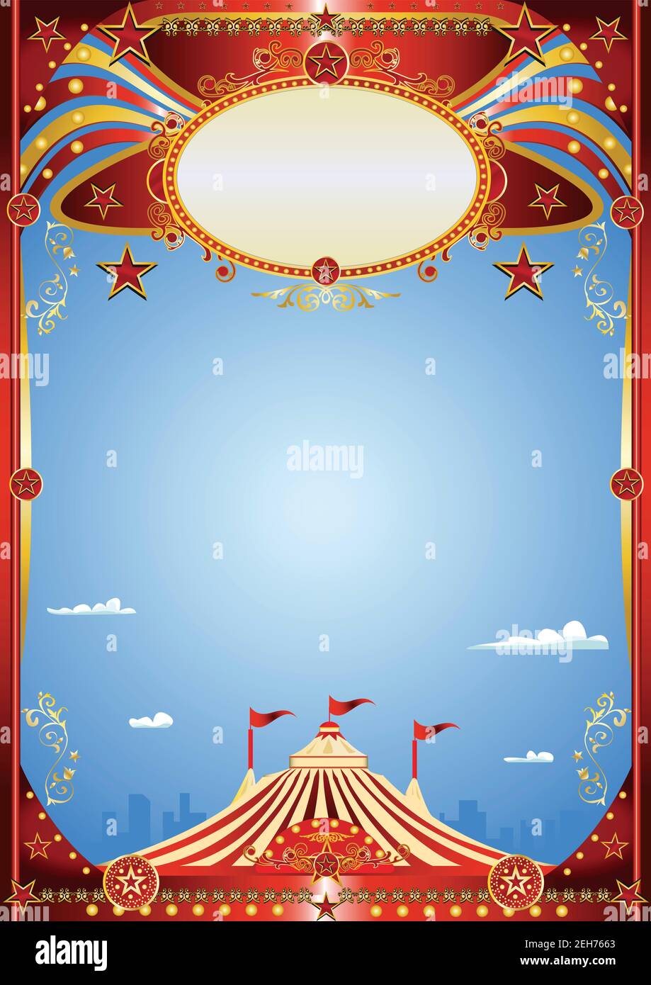 Uno sfondo blu circo per un poster. Benvenuti in grande top in città! Foto Stock