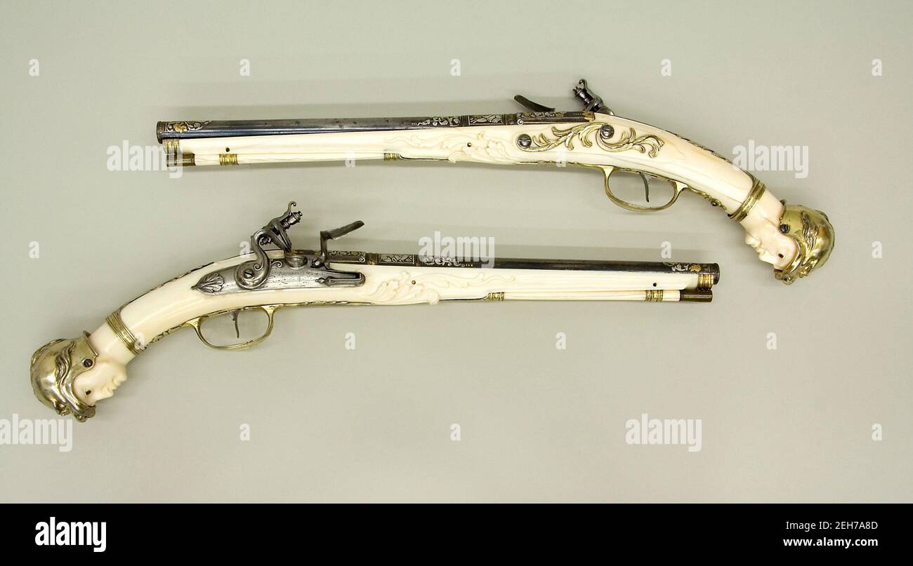 Coppia di pistole Flintlock, Paesi Bassi del Sud, Aquisgrana, ca. 1675-85. Foto Stock
