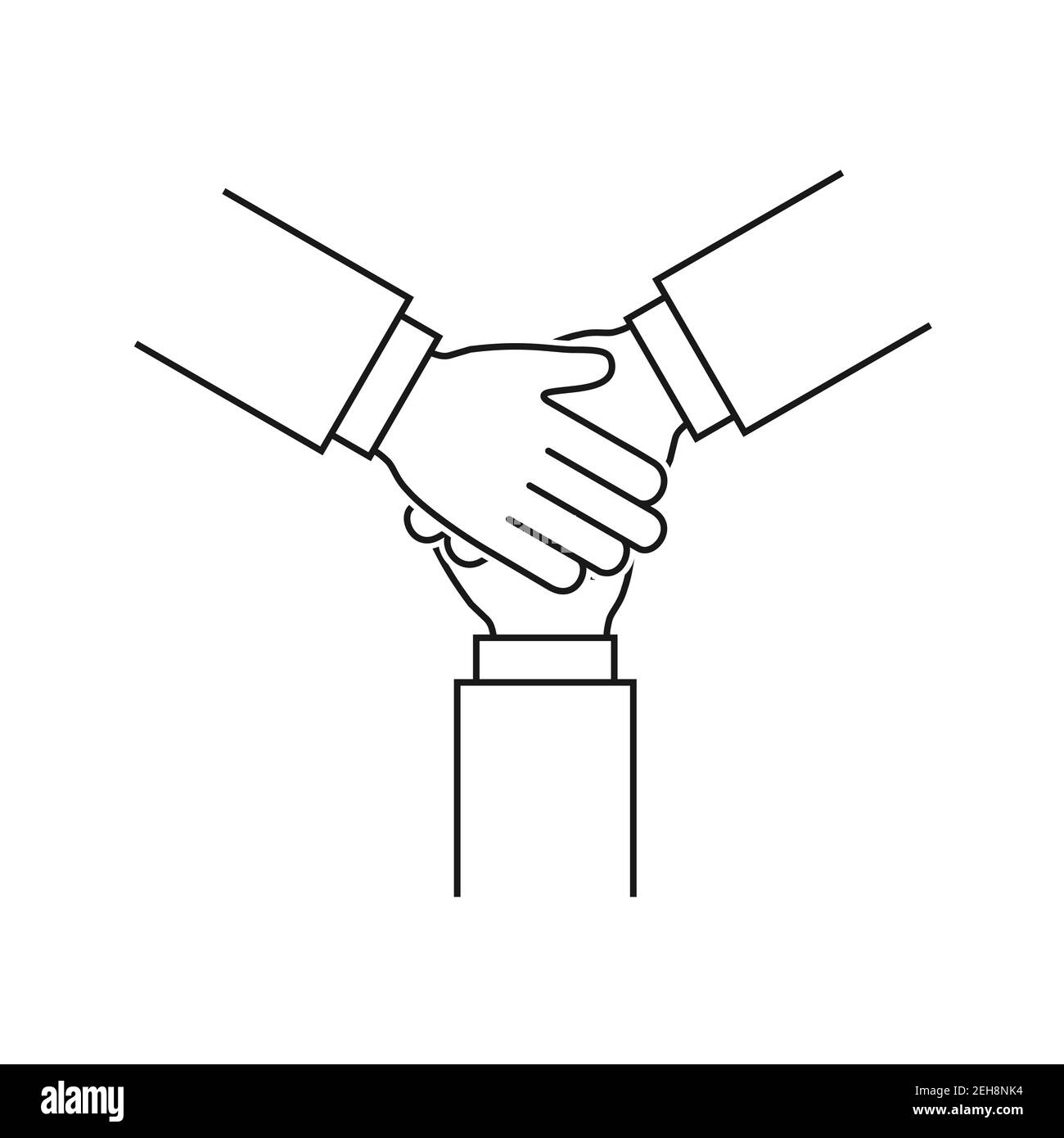 Icona della linea "mani insieme", simbolo del lavoro di squadra vettoriale su sfondo bianco Illustrazione Vettoriale