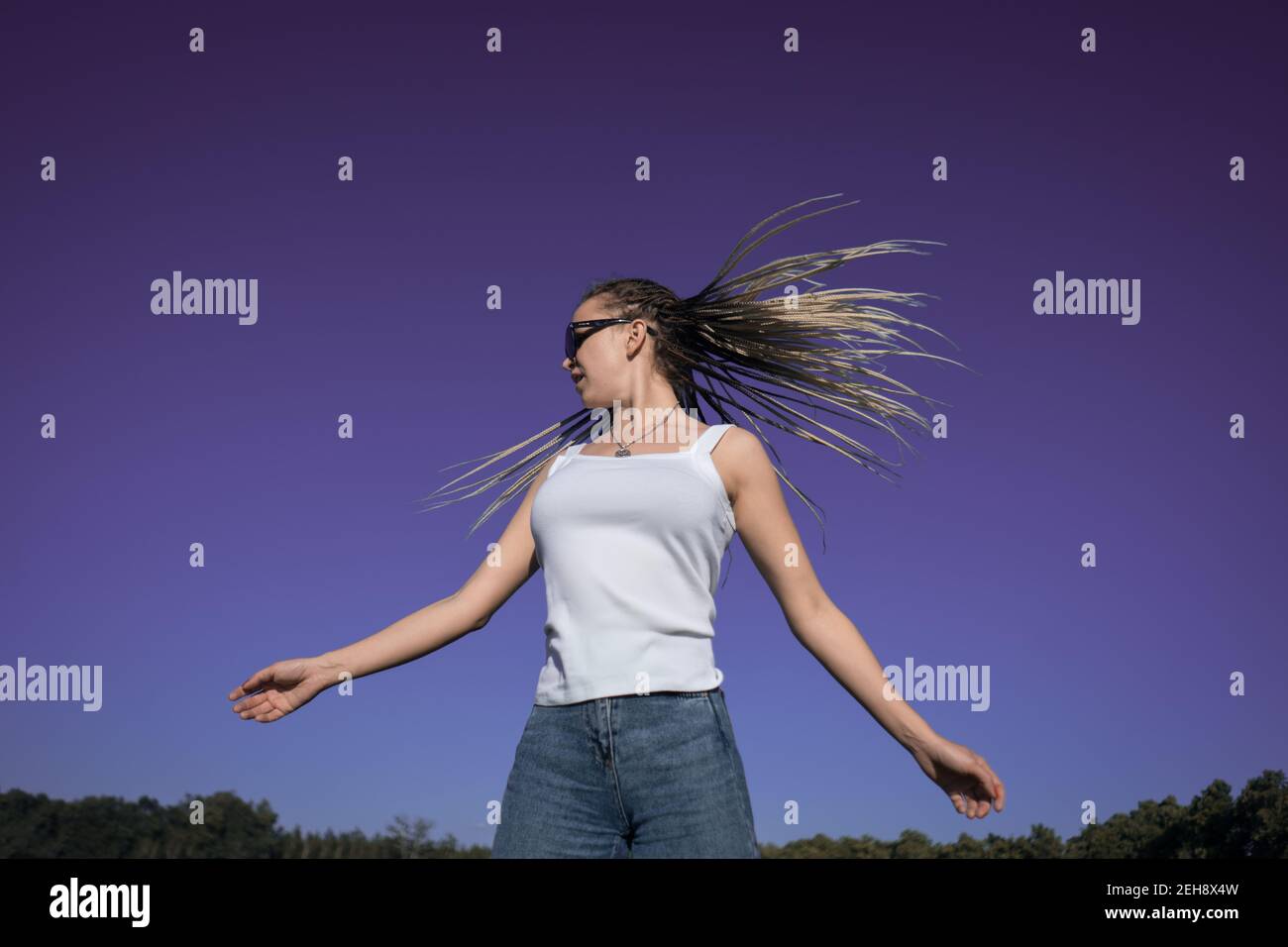 Bella donna che agita i capelli con trecce afro eleganti Foto Stock