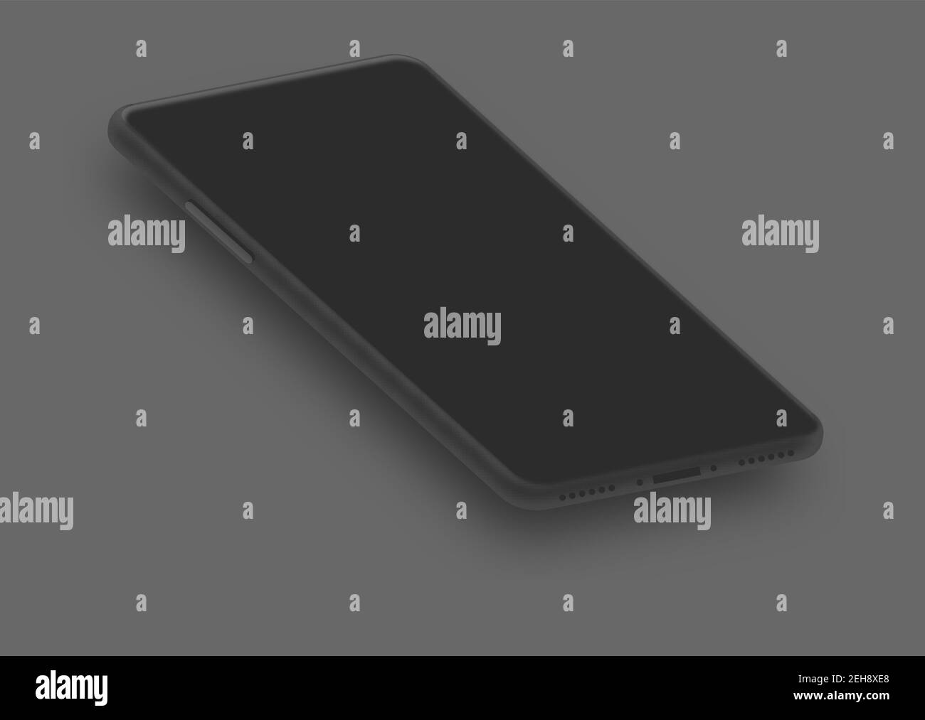 Elegante mockup isometrico 3d per smartphone. Lo schermo non ha bordi. Modello di progettazione dell'interfaccia utente per le illustrazioni. Scala di grigi su sfondo grigio. Illustrazione Vettoriale