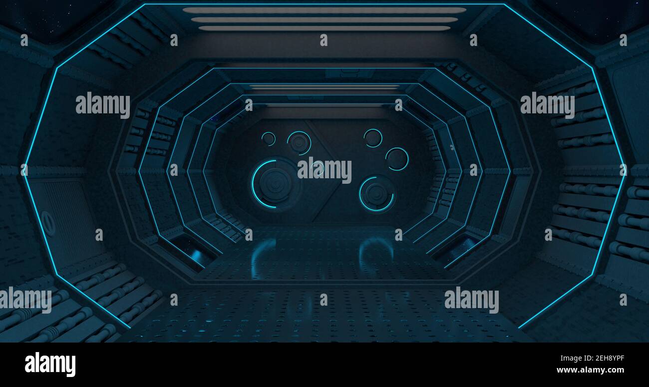 Vista frontale dell'interno di un corridoio scuro di una navicella spaziale in luce blu con una porta chiusa con serratura circolare sullo sfondo. Illustrazione 3D Foto Stock