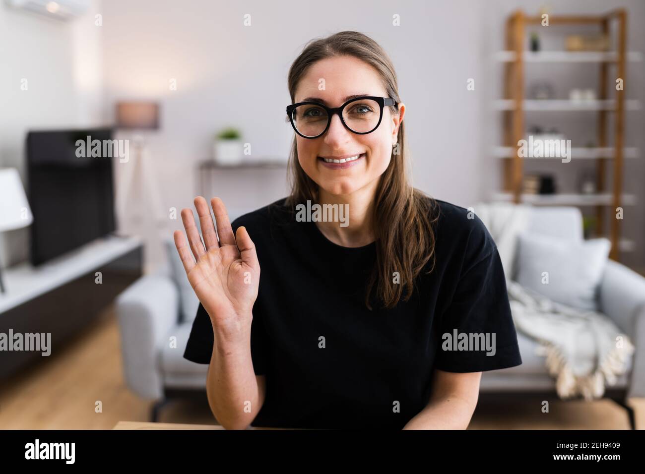 Happy Woman Video Conference Webinar Ritratto a casa Foto Stock