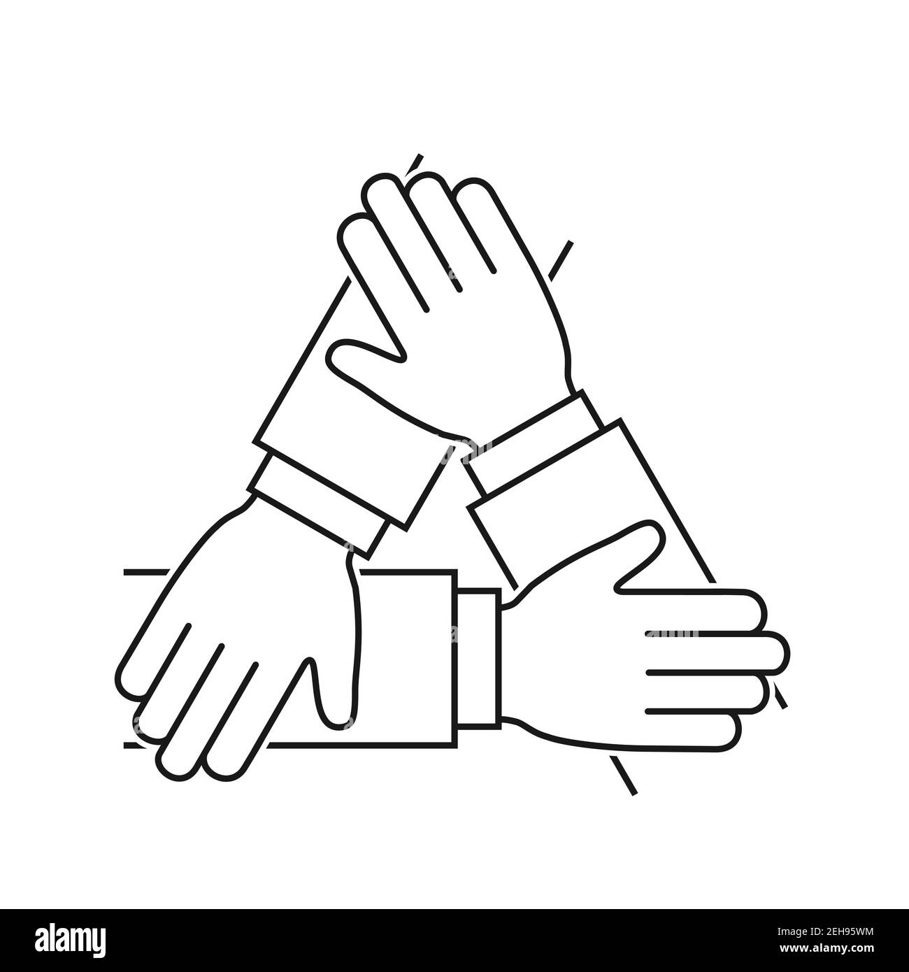 Icona della linea "mani insieme", simbolo del lavoro di squadra vettoriale su sfondo bianco Illustrazione Vettoriale