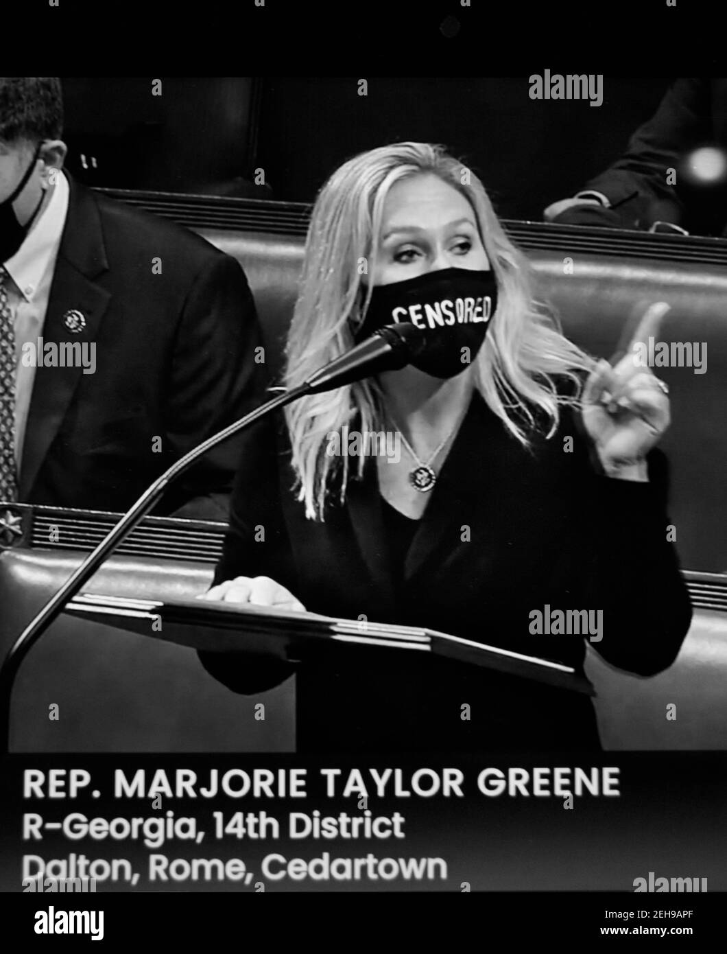 Uno screenshot televisivo C-SPAN della Rep. Americana Marjorie Taylor Greene che parla durante il secondo processo di impeachment del presidente Donald Trump. Foto Stock