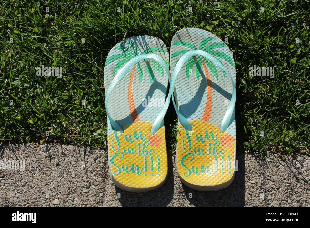 Tropical Flip flop, su erba e marciapiede in estate Foto Stock
