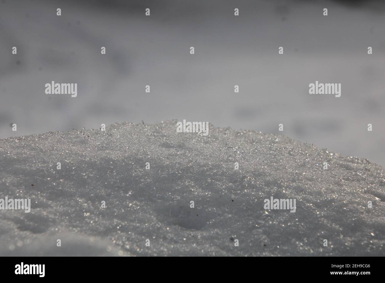 Neve in primo piano, su superficie rialzata, con neve sfocata sullo sfondo Foto Stock