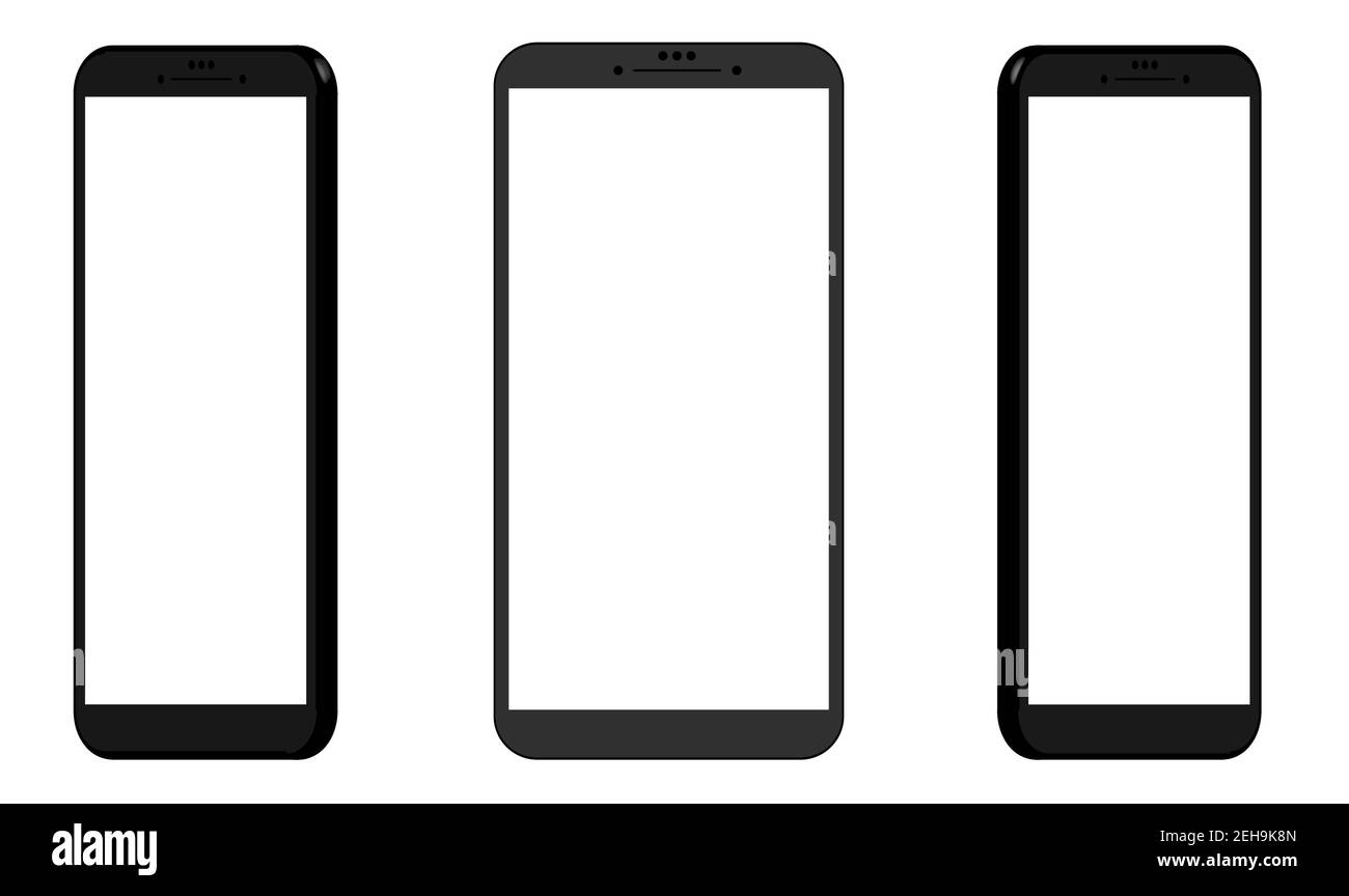 Tre modelli di smartphone in diverse proiezioni 3d. Modelli per la progettazione dell'interfaccia utente. Nero su sfondo bianco, schermi bianchi. Illustrazione Vettoriale