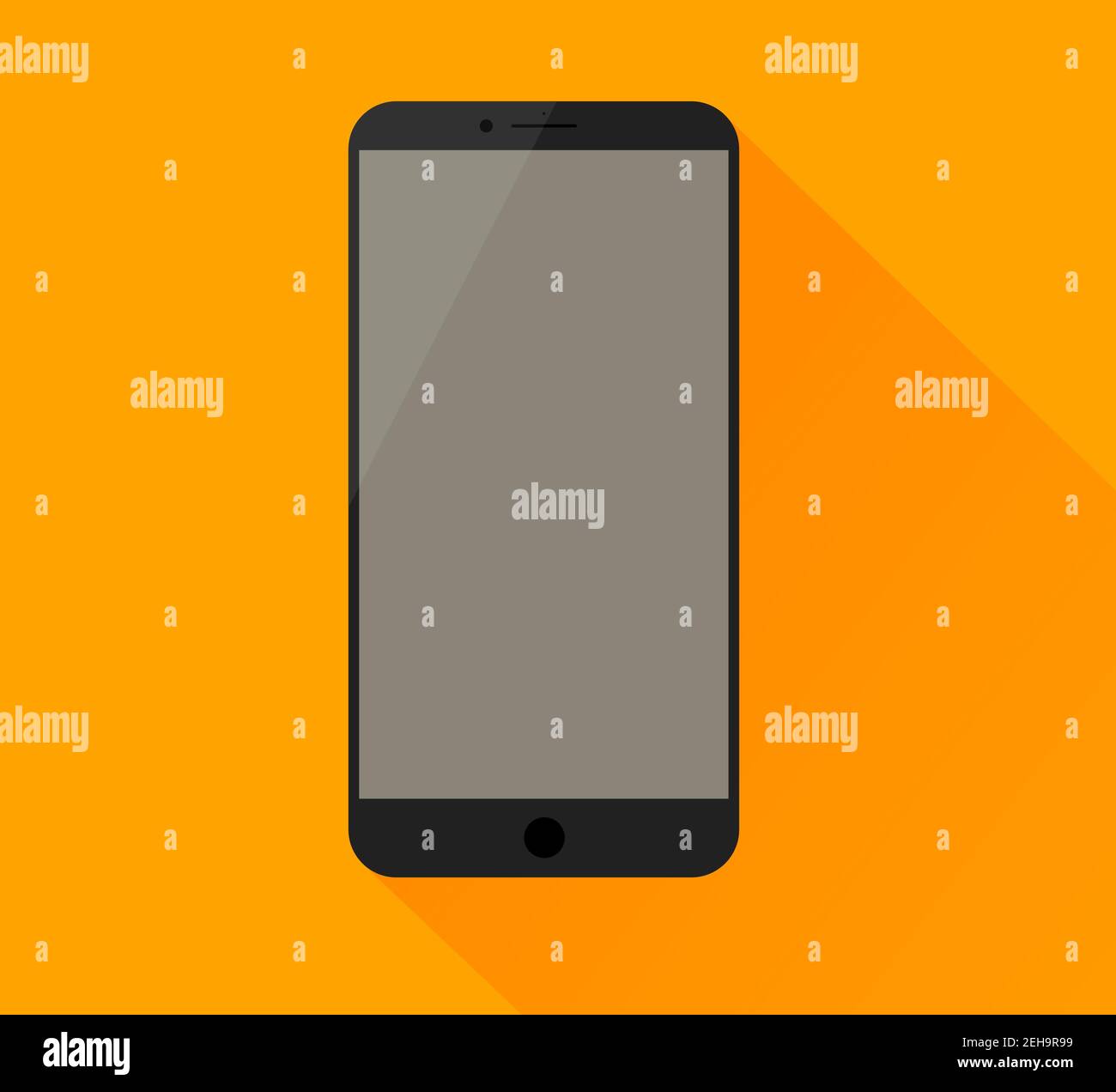 Semplice mockup dello smartphone con schermo vuoto e lampeggio. Ombra chiara e sfondo giallo. Illustrazione Vettoriale
