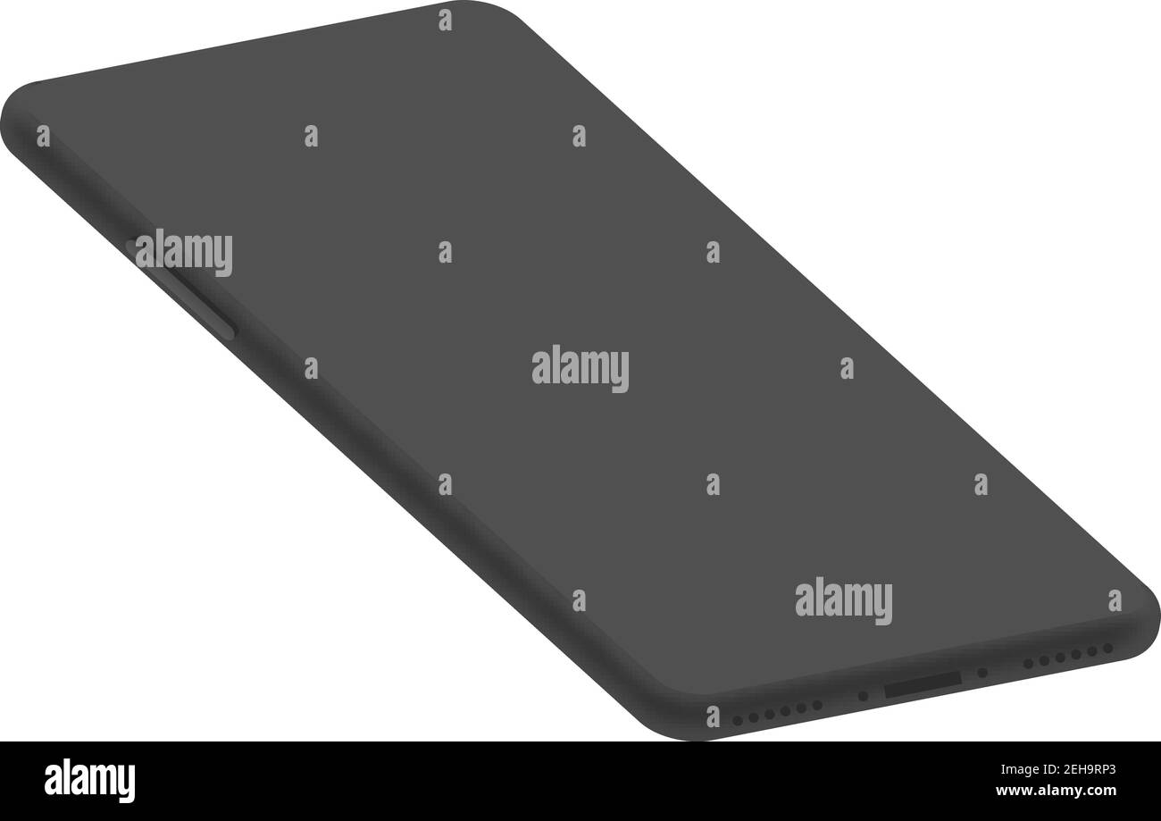Elegante mockup isometrico 3d per smartphone. Lo schermo non ha bordi. Modello di progettazione dell'interfaccia utente per le illustrazioni. Scala di grigi su sfondo bianco. Illustrazione Vettoriale