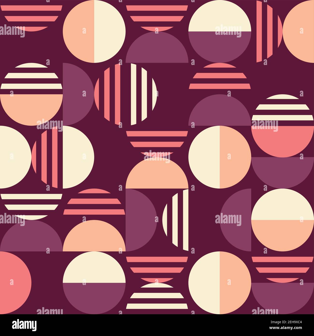 Geometric metà secolo moderno stile vettoriale modello senza giunture - retro anni '60 e anni '70 minimal tessuto e stampa con cerchi in rosa e viola Illustrazione Vettoriale