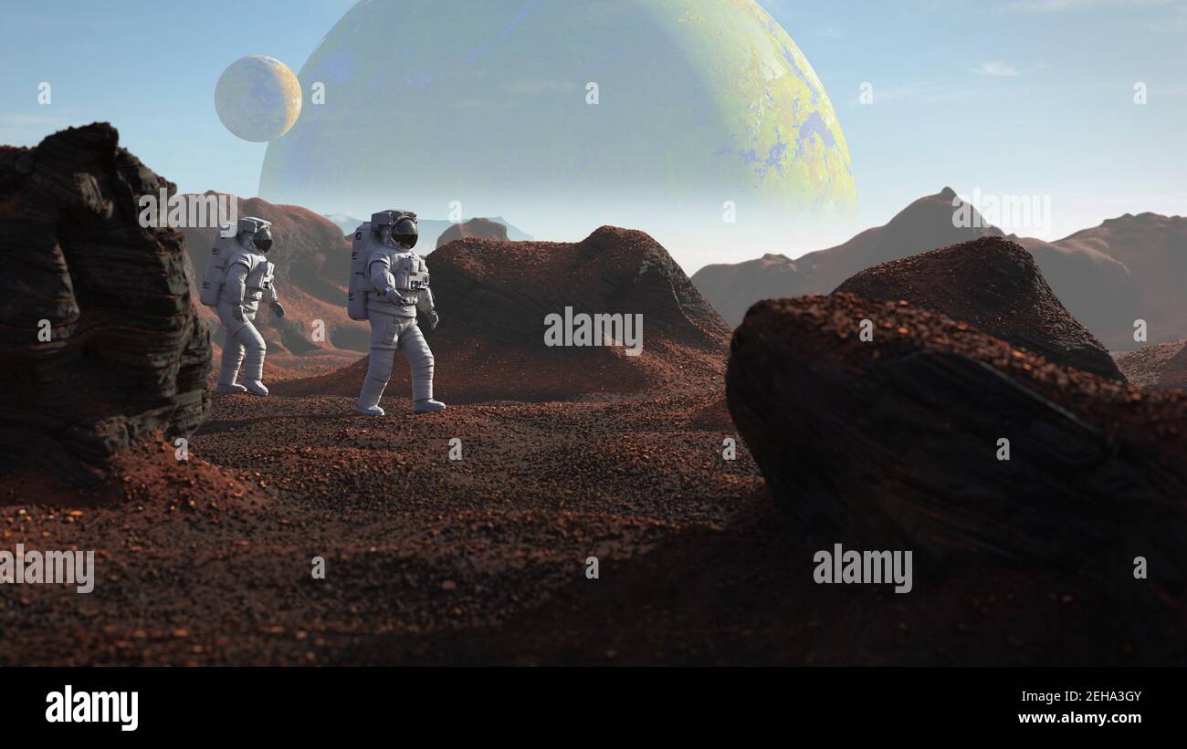 astronauti su un pianeta alieno, viaggiatori che esplorano il paesaggio Foto Stock