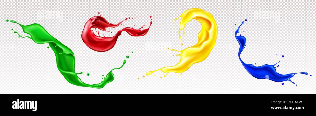 Schizzi di vernici liquide con vortici e gocce isolate su sfondo trasparente. Insieme vettoriale realistico di onde di inchiostro colorato. Flussi di olio rosso, blu, verde e giallo o coloranti acrilici Illustrazione Vettoriale
