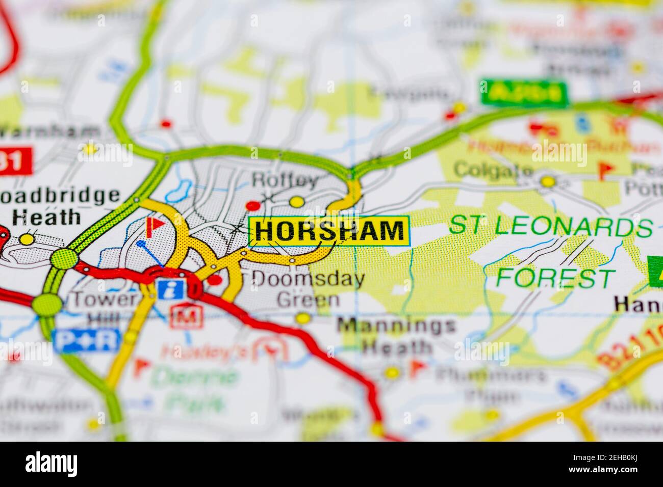 Horsham e le aree circostanti sono mostrate su una mappa stradale o. Mappa geografica Foto Stock